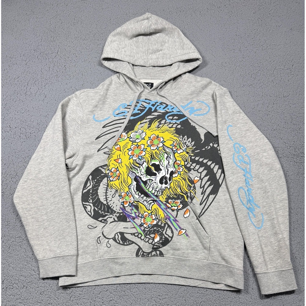 Ed Hardy Hoodie Mens Large‎ Gray Skull Snake Graphic Tattoo Fleece Pullover